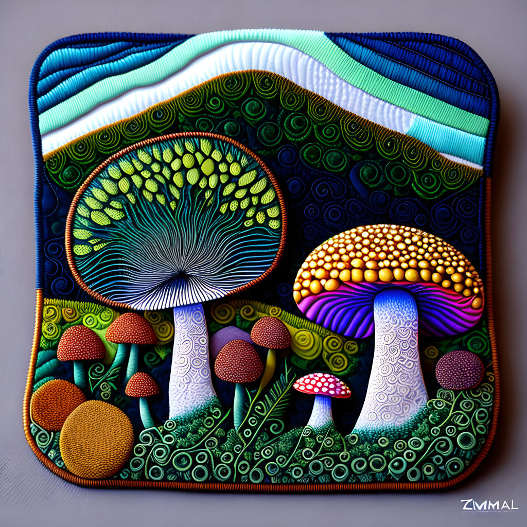 Vibrant mushroom art against scenic backdrop