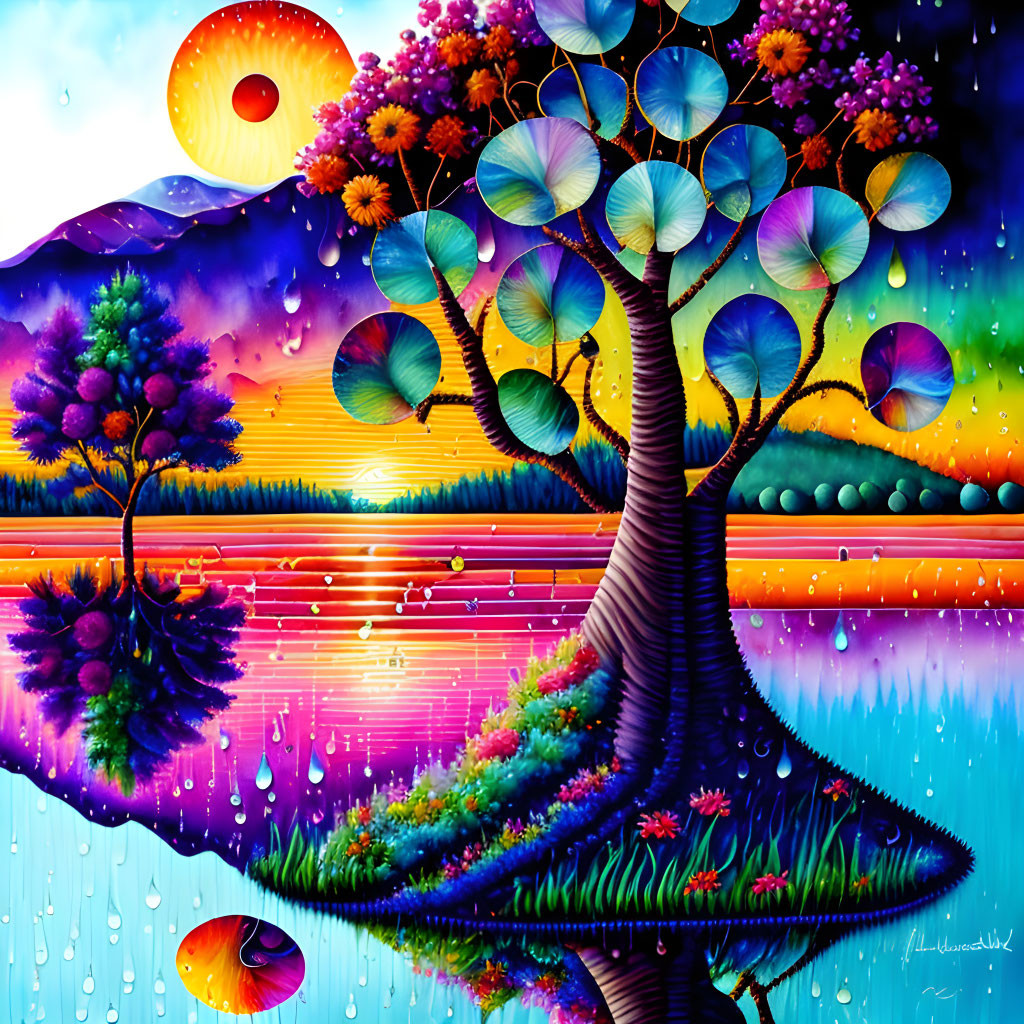 Colorful painting of whimsical tree by calm lake with rainbow sky.