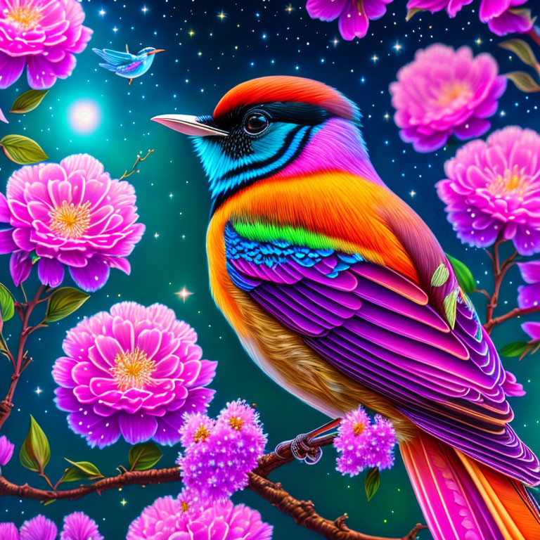 Colorful Bird on Branch with Pink Blossoms and Fireflies in Starry Sky