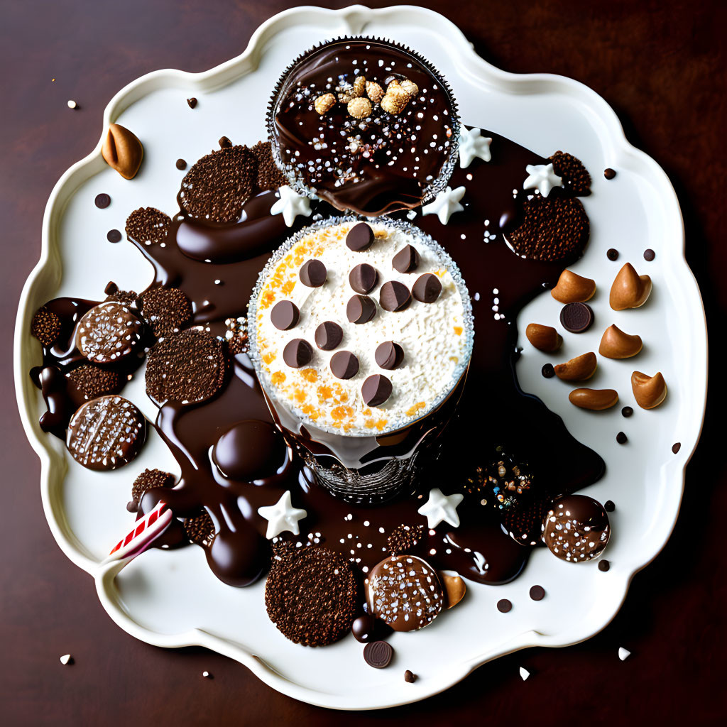 Assortment of Chocolate Desserts on White Plate