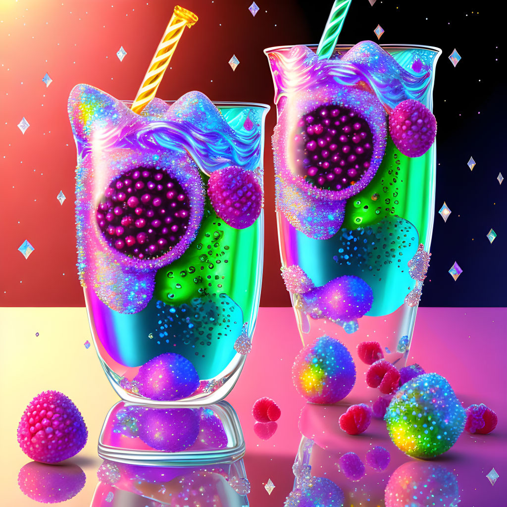 Colorful Fantasy Drinks with Glittering Bubbles on Gradient Background