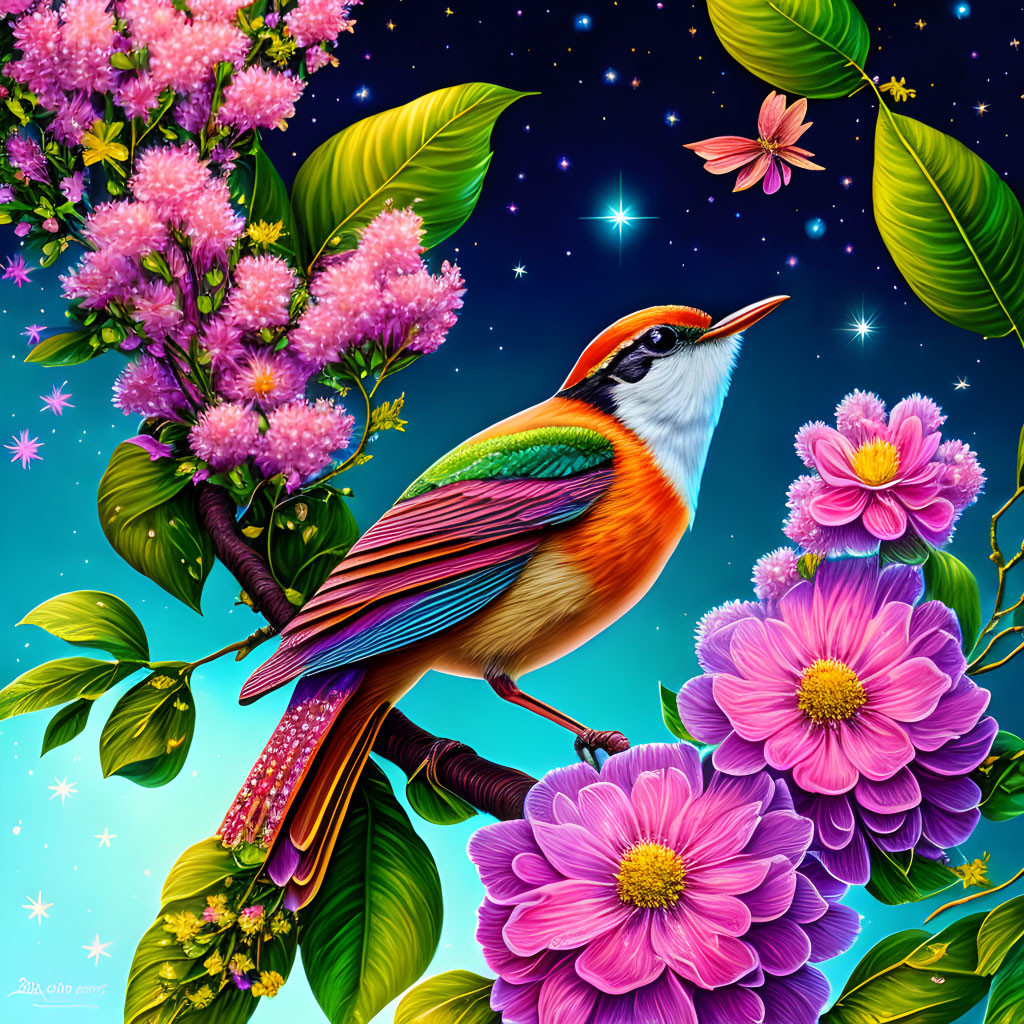 Colorful Bird Perched on Branch Amid Pink Flowers and Starry Night Sky