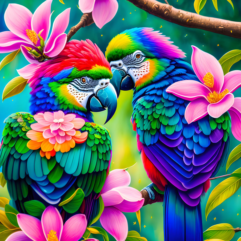 Colorful Parrots Perched Amid Lush Foliage