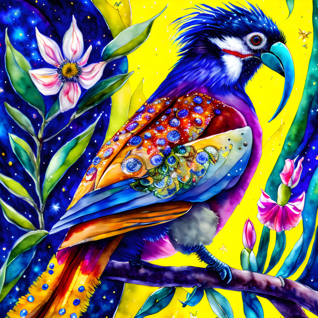 Colorful Parrot Illustration with Elaborate Patterns on Branches