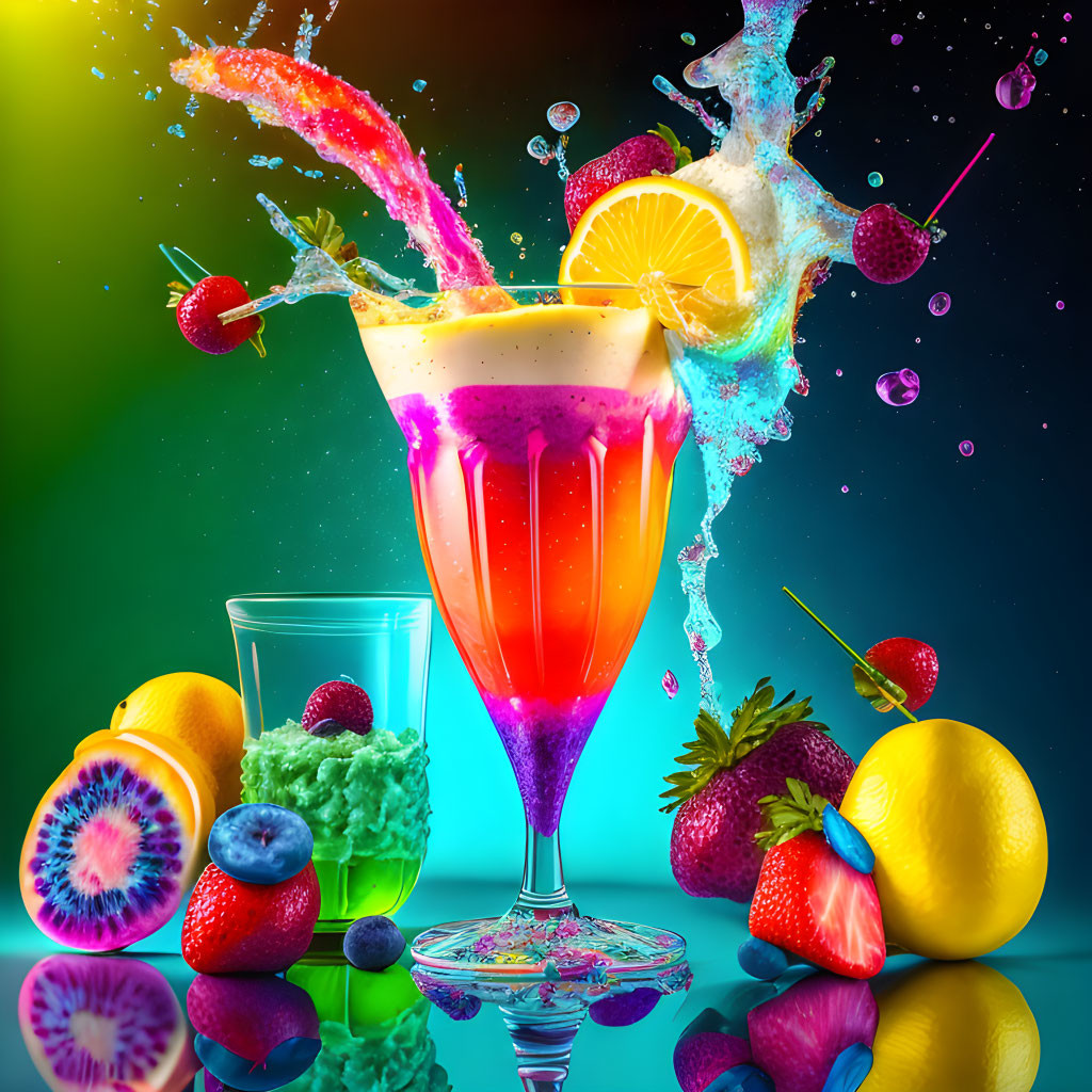 Colorful cocktail with fresh fruits in splash on vibrant background.