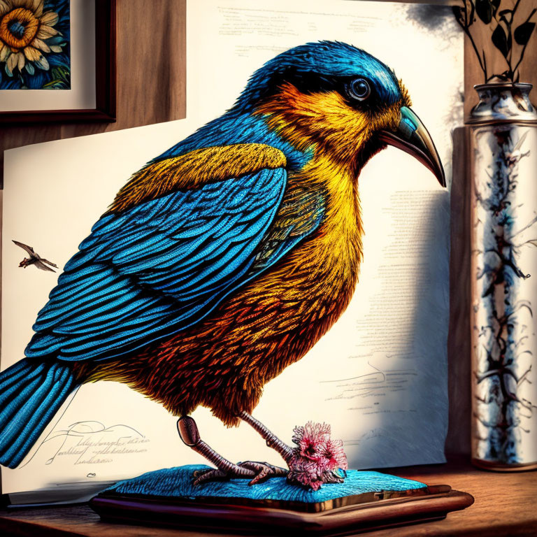 Colorful Bird on Open Book with Flower and Quill Illustration