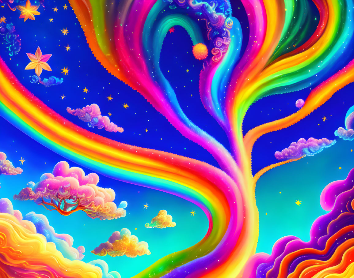 Colorful Psychedelic Digital Art with Rainbow Patterns and Stars