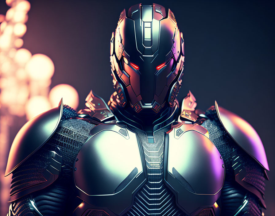 Futuristic armored suit with sleek helmet and metallic shoulder pads