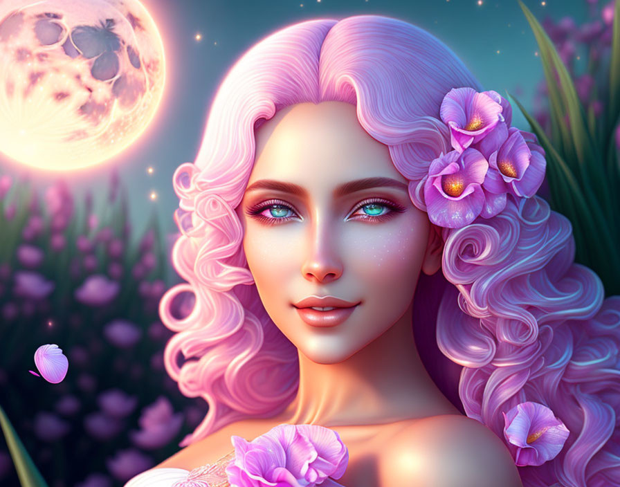 Stylized portrait of woman with pink hair and flowers against pink moon and nature