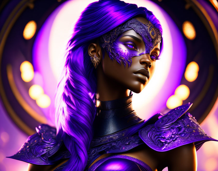 Digital Artwork: Woman with Purple Hair and Ornate Mask in Glowing Circle