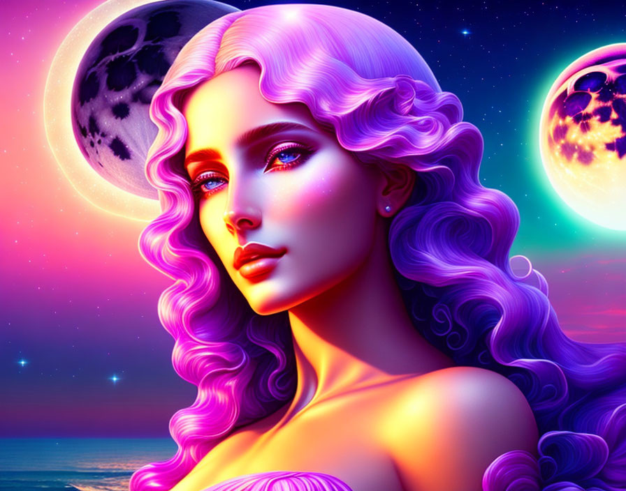 Digital portrait of woman with purple hair under cosmic sky and two moons