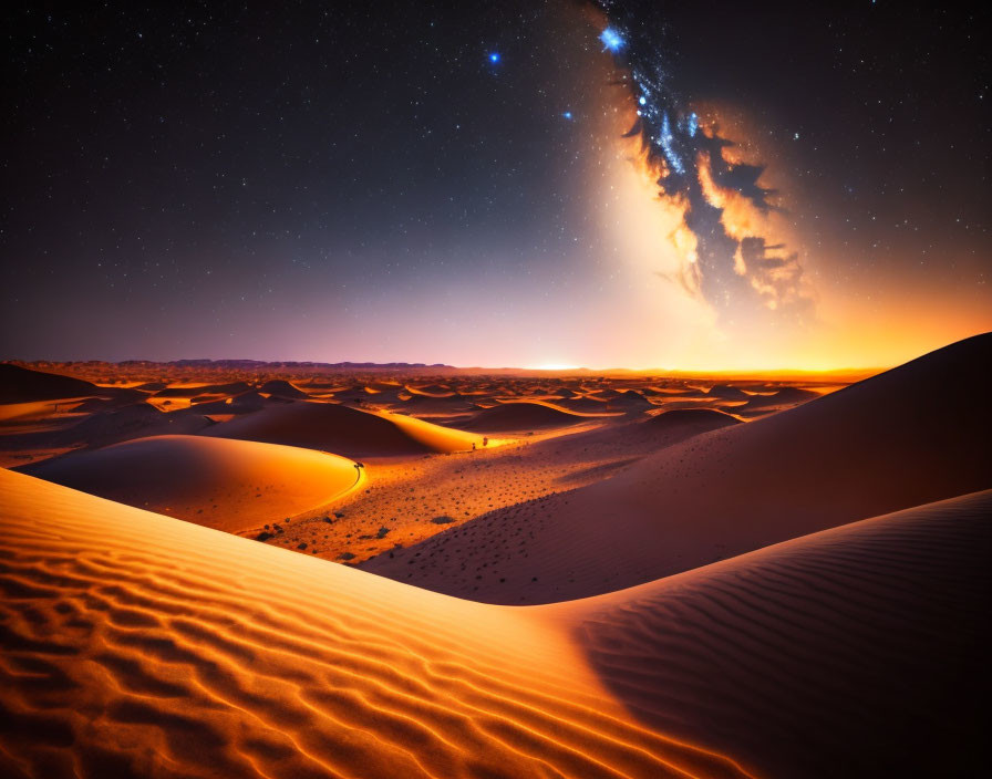 Twilight desert scene with starry sky and Milky Way visible