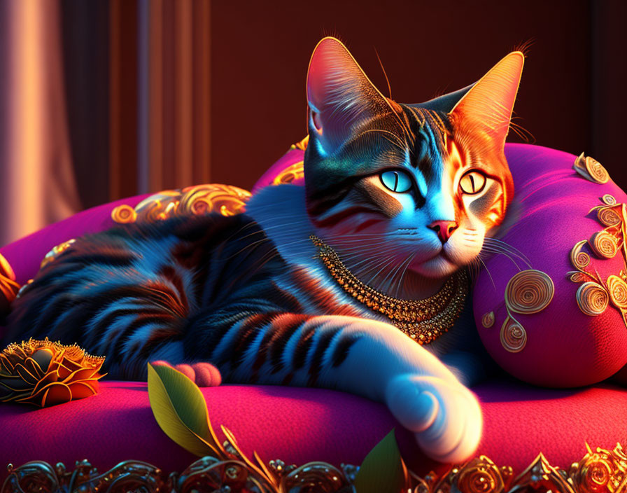 Regal Cat 3D Illustration on Luxurious Cushions