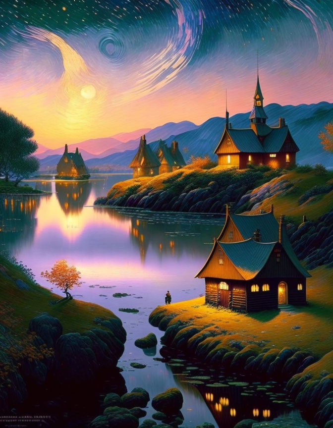 Tranquil twilight landscape with village, lake, and figure