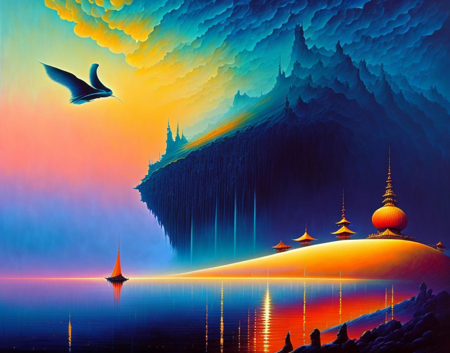 Colorful bird flying over surreal landscape with floating mountains and pagodas