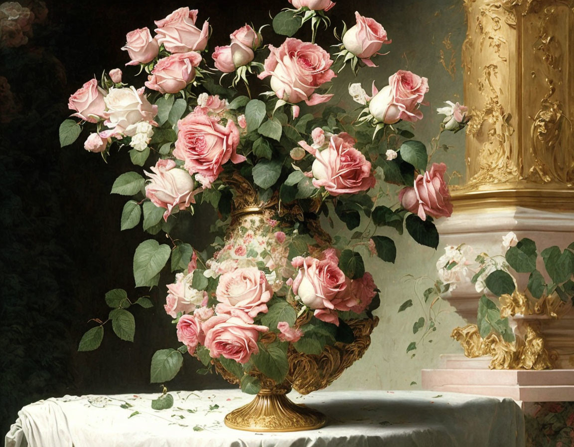 Golden Vase with Pink Roses on Table with Embroidered Cloth and Gilded Mirror