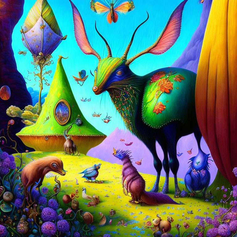 Colorful Fantasy Landscape with Anthropomorphic Deer and Whimsical Creatures