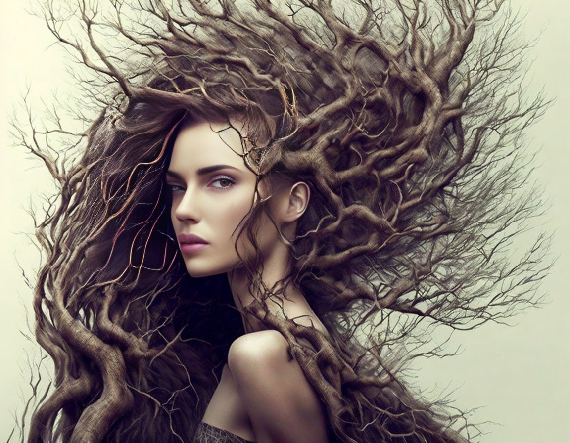 Brown-haired woman blending into branches against muted background: Nature-inspired portrait