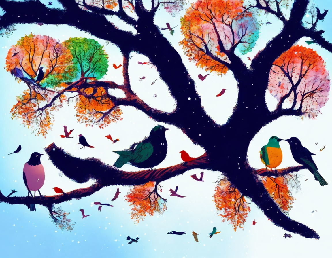 Colorful Tree Illustration with Birds under Gradient Sky