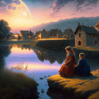 Tranquil twilight landscape with village, lake, and figure