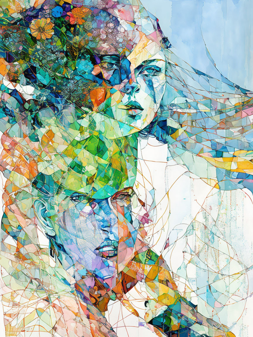 Colorful Abstract Portrait with Overlapping Faces & Geometric Shapes