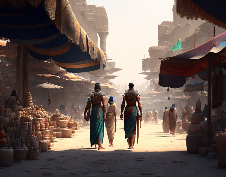 Ancient Egyptian attire individuals in bustling market street.