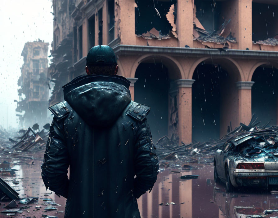 Person in black jacket in rainy, destroyed urban setting