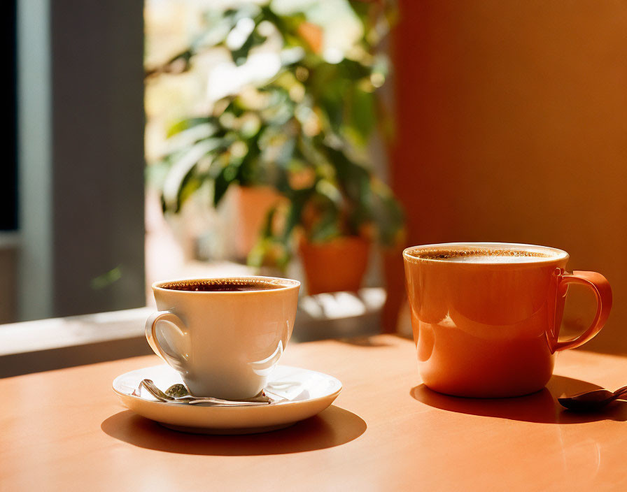 Coffee Cups on Table with Sunlight and Plant Background