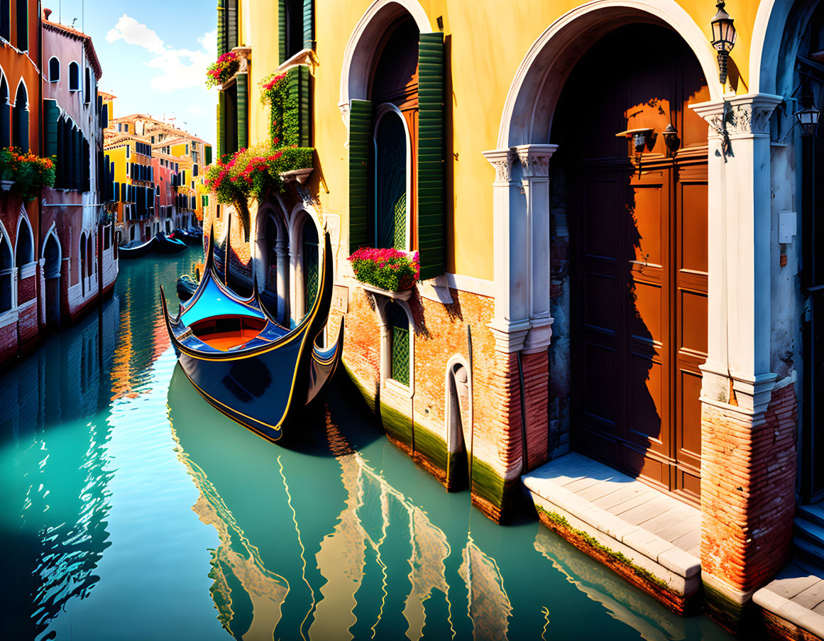 Venetian canal with gondola and colorful buildings reflected in water