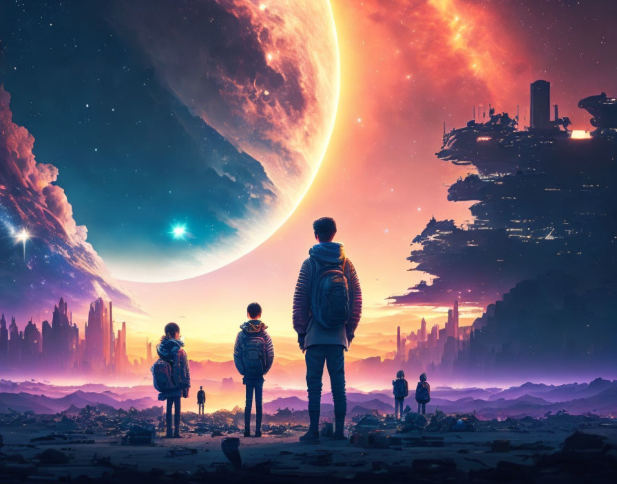 Three individuals with backpacks in front of futuristic cityscape and twilight sky with planet and stars.