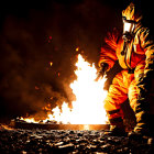 Firefighter in protective gear near blazing fire at night