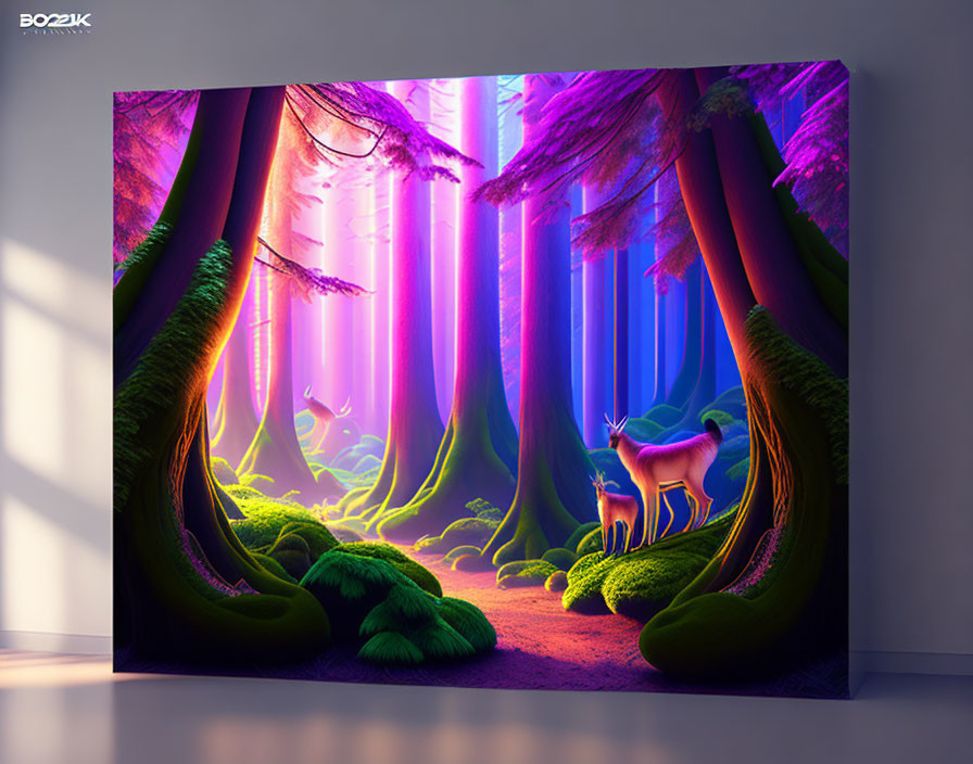 Vibrant purple and blue fantastical forest with glowing plants