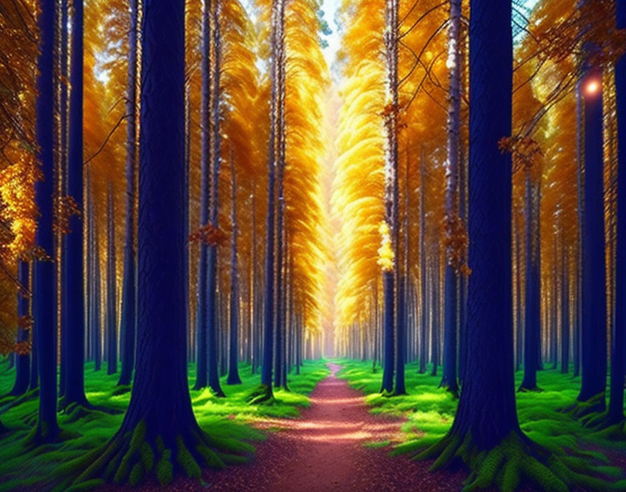 Enchanting forest path with tall blue-trunked trees