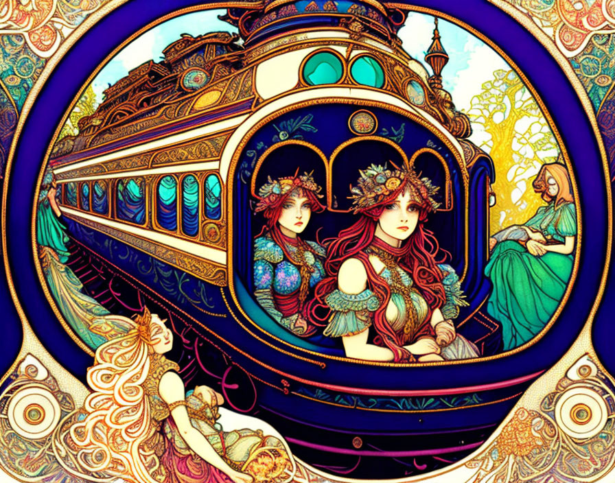 Art Nouveau Style Illustration of Four Women with Decorative Headdresses in Ornate Train