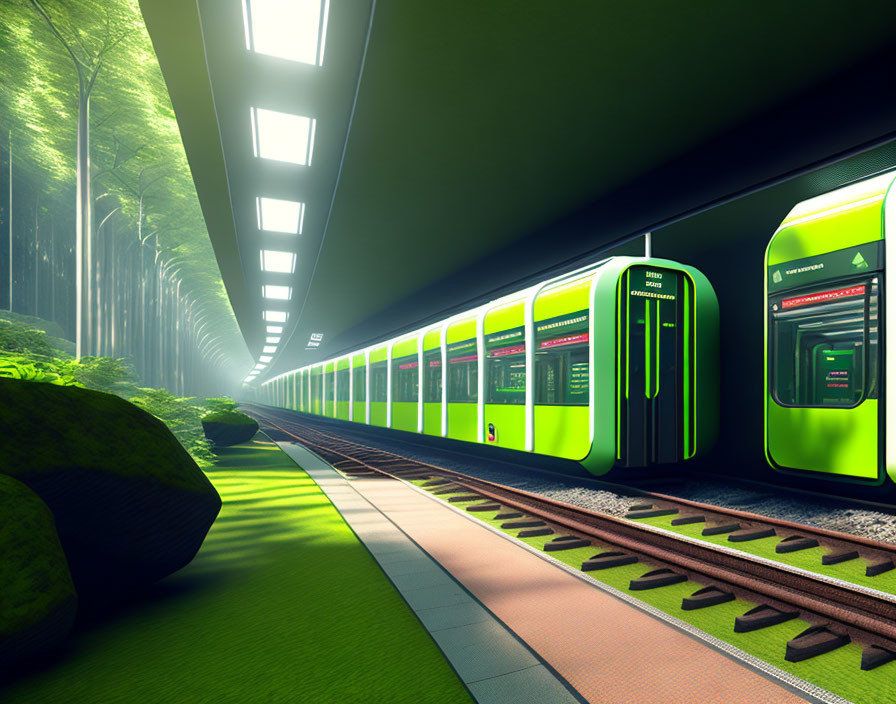 Futuristic green train at platform in lush forest with overhead lights