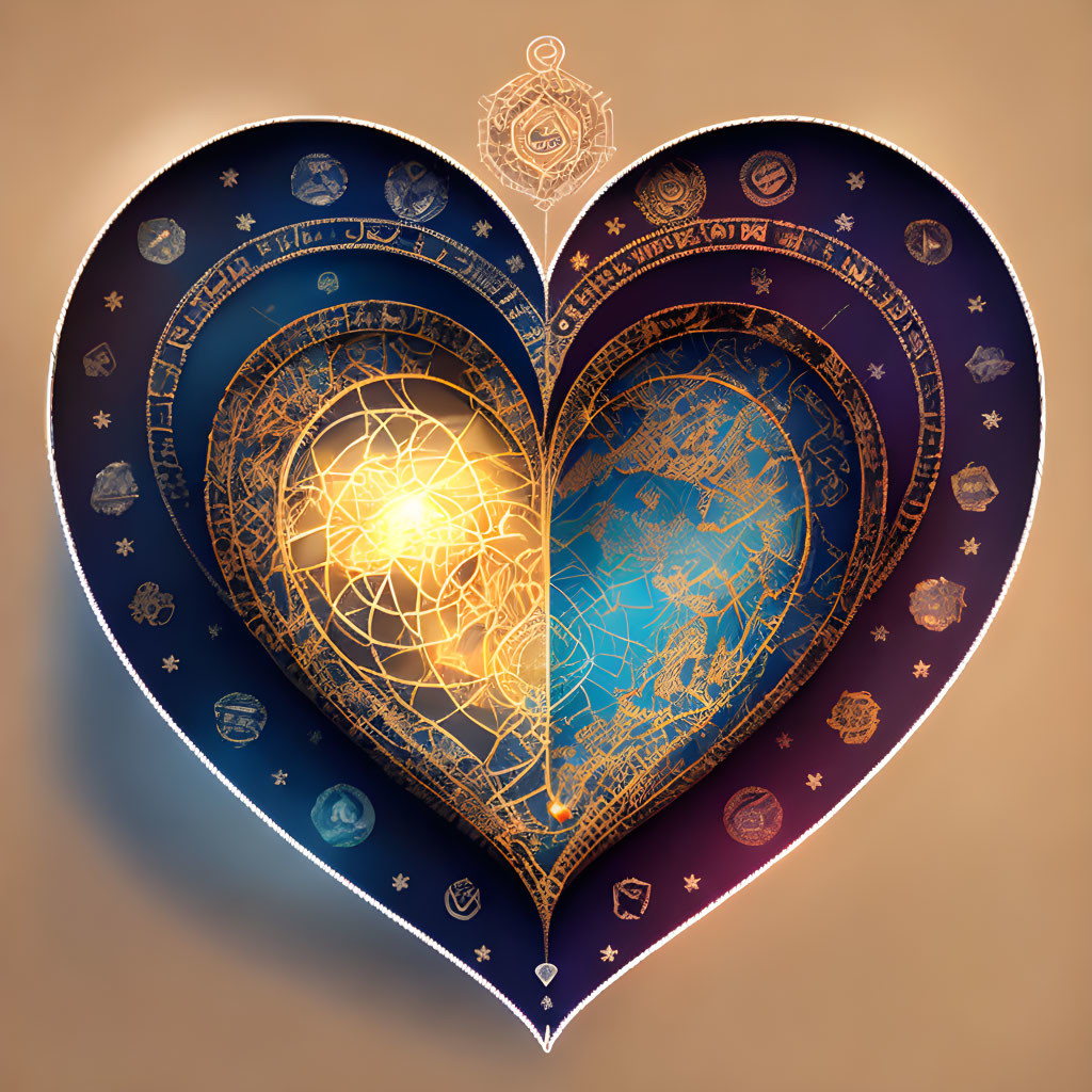 Intricate Astrological and Geometric Heart Design on Celestial Map