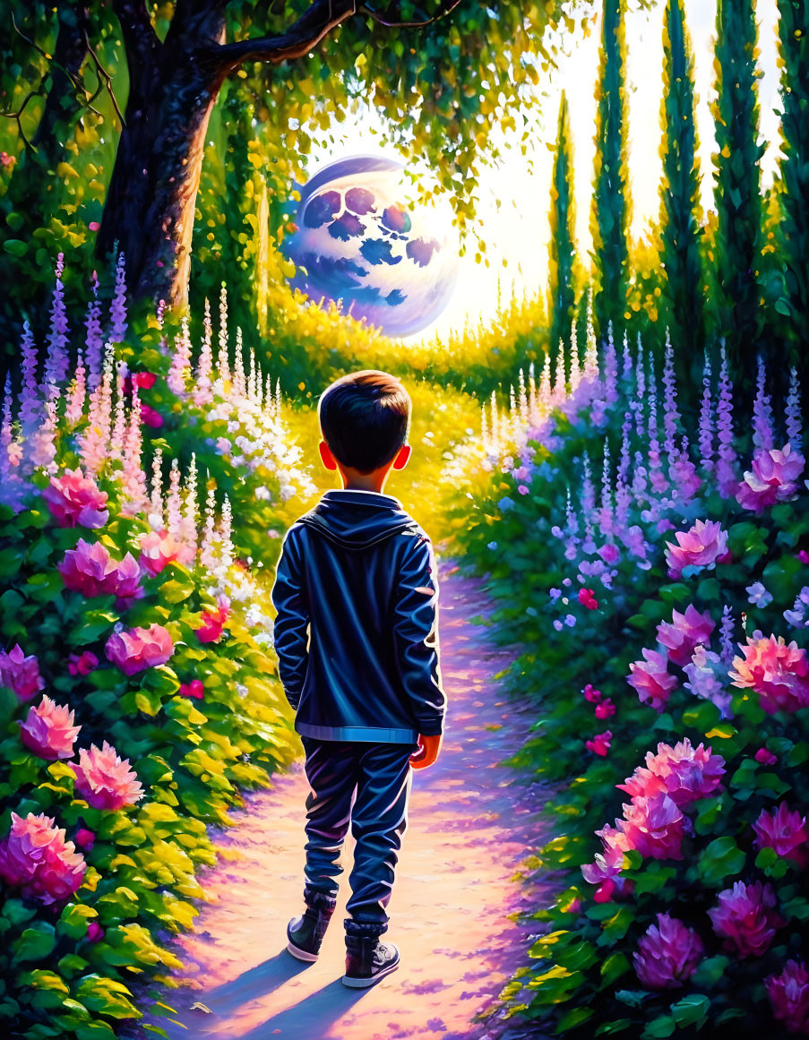 Child on Flower-Lined Path Towards Glowing Moon