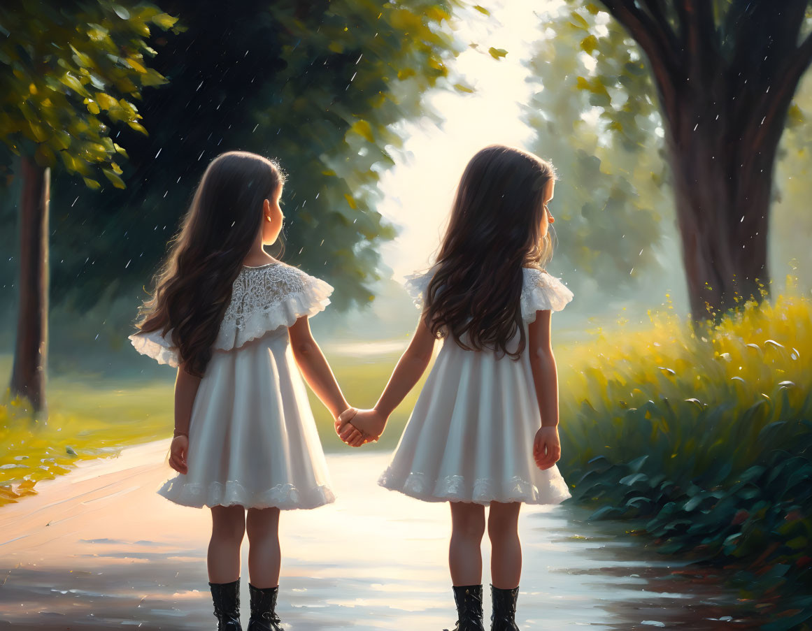 Two girls in matching attire strolling on a sunny path