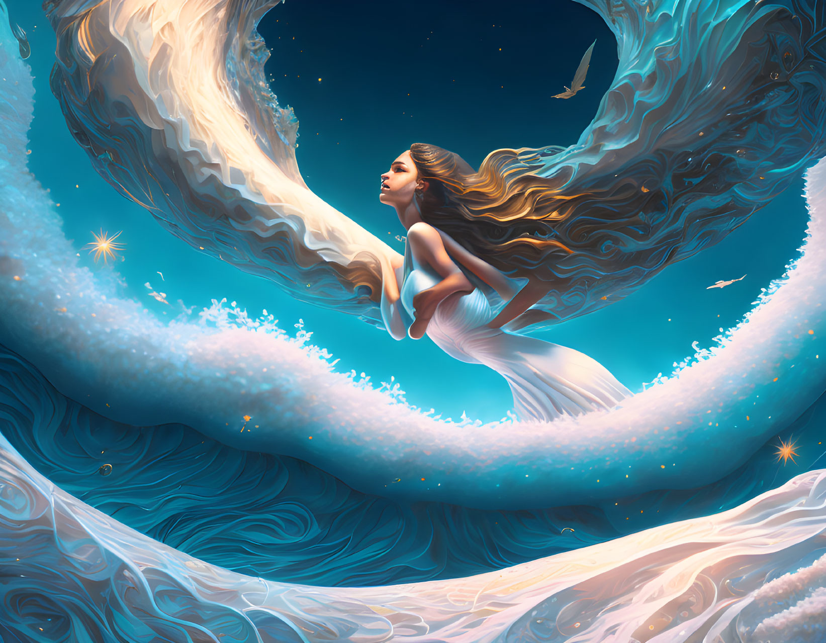 Surreal image: Woman with flowing hair in cosmic wave and stars