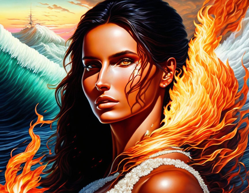 Digital artwork: Woman with fiery hair, ocean waves, ship - fantasy and adventure blend