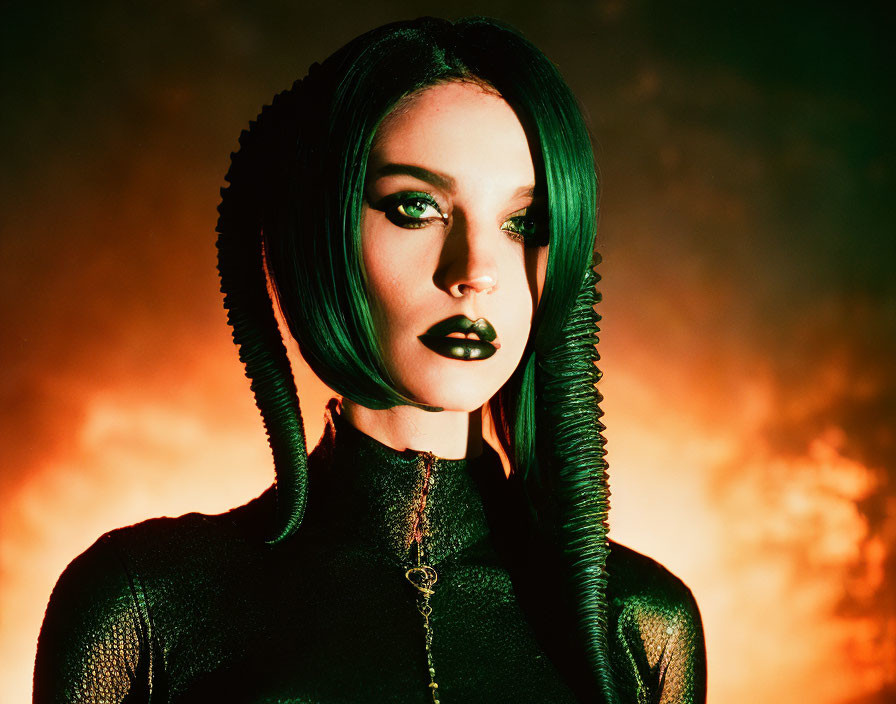 Woman with Dark Lipstick and Green Eyeshadow Against Fiery Orange Background