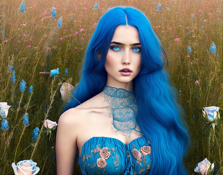 Digital Artwork: Woman with Blue Hair and Eyes in Wildflower Field