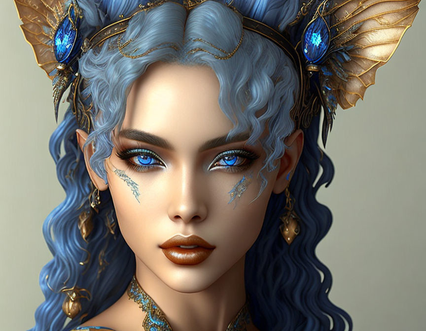 Fantasy portrait of woman with blue curly hair and striking blue eyes adorned with gold and blue jewelry.