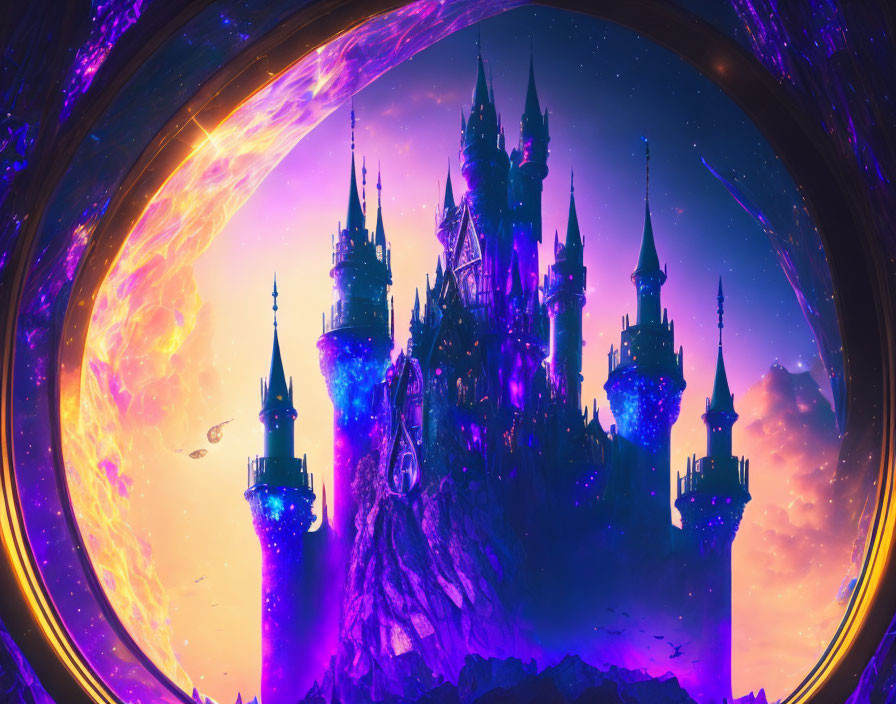 Fantasy castle with spires in cosmic setting and golden portal.