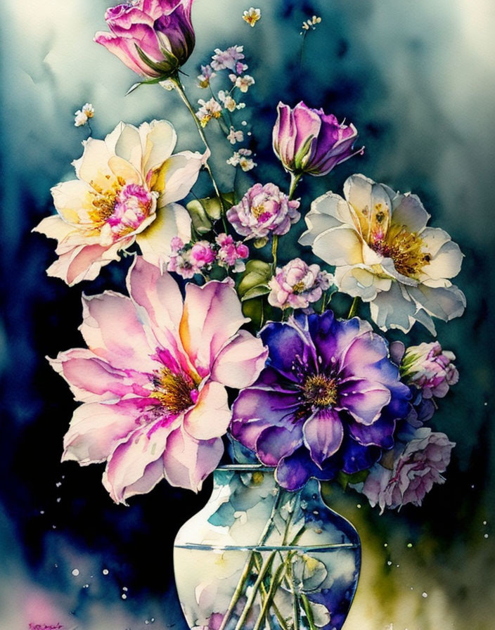 Colorful Watercolor Painting of Flowers in Vase on Blue Background