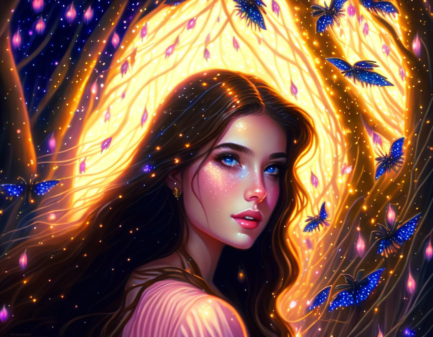 Digital portrait of woman with glowing butterflies in gold and blue background