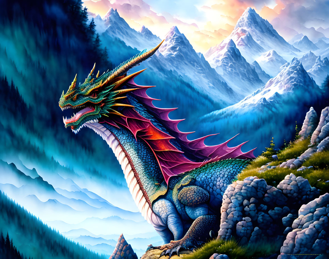 Colorful dragon in snowy fantasy landscape