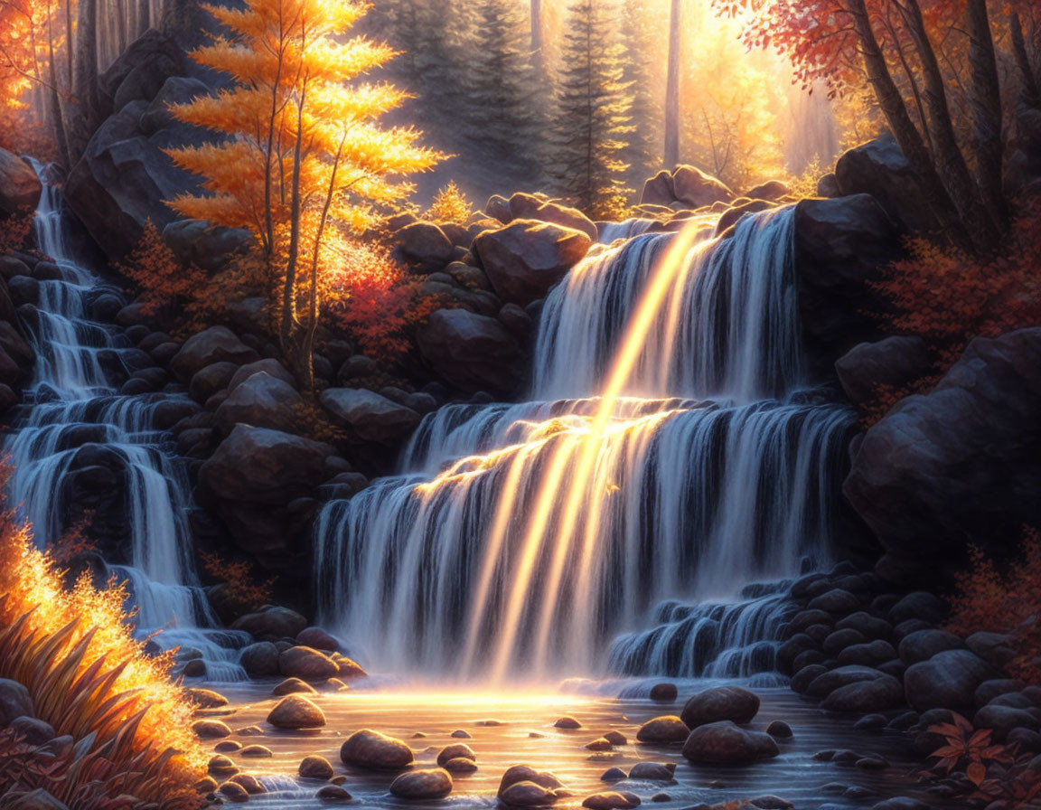 Autumn Waterfall with Sunbeams Through Forest Trees