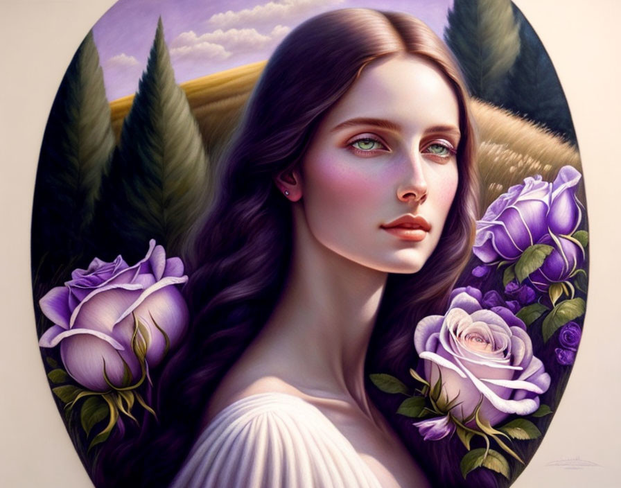 Portrait of woman with green eyes and long brown hair, surrounded by purple flowers in vintage style