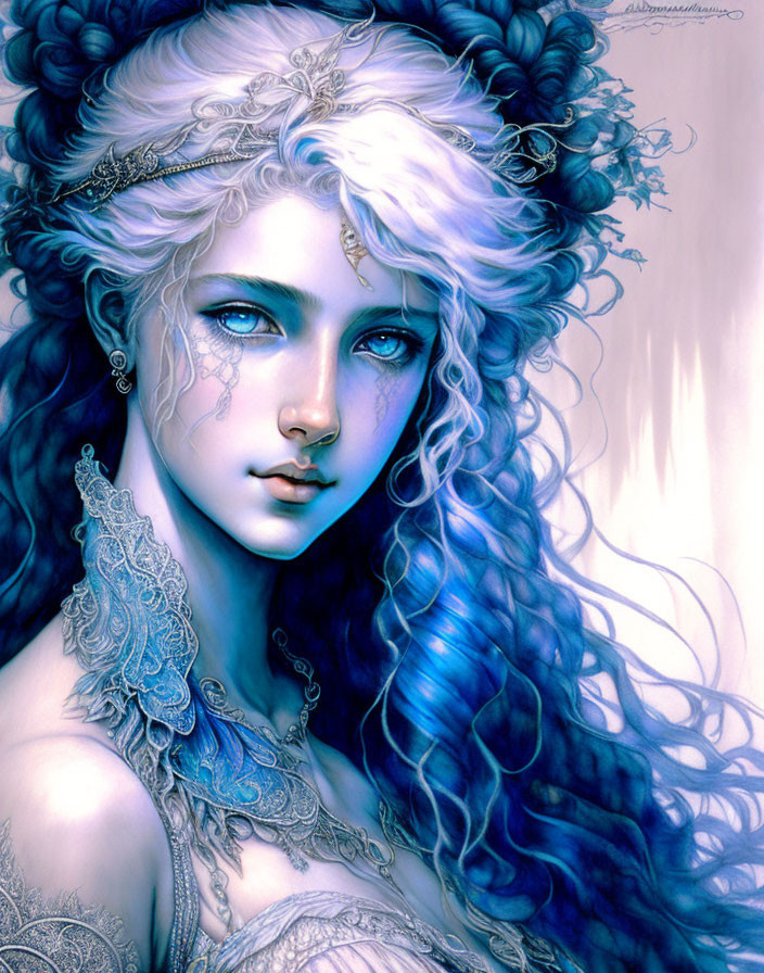 Illustration of woman with wavy blue hair and silver accessories